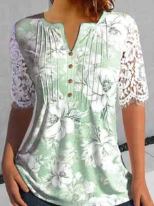 Women V Neck Lace Short Sleeve Tunic Tops Ladies Summer Casual Loose T Shirt Tee - Picture 1 of 2