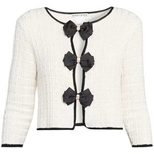 Alice + Olivia Womens Soft White/Black Akira Bow Hook Scoop Neck Knit Cardigan - Picture 1 of 1