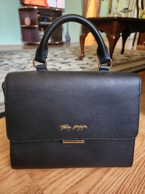 Tommy Hilfiger Bolso Cartera Bolso Bandolera Cuero Guijarro Negro Asa Superior Foto 1 de 4