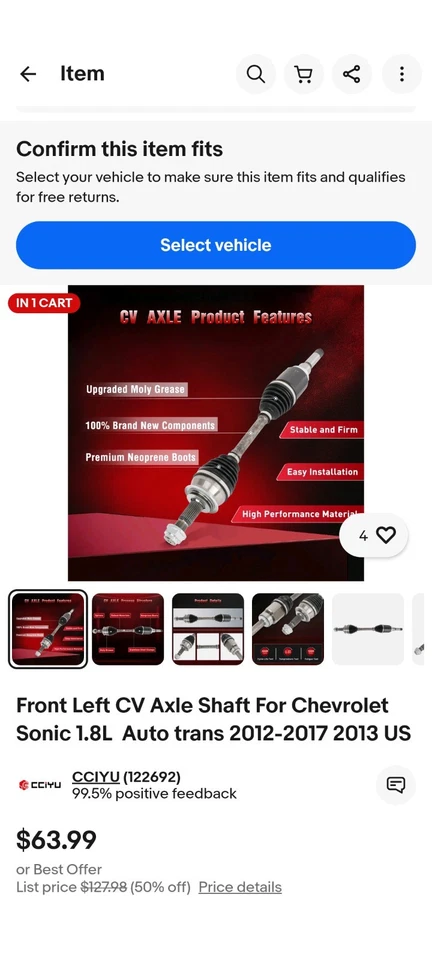 Eje delantero izquierdo CV para Chevrolet Sonic 1,8 L transmisión automática 2012-2017 2013 EE. UU. Foto 1 de 4