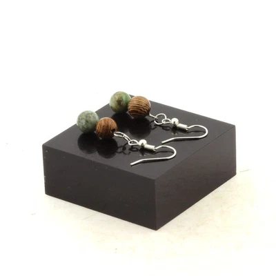 Steine Und Mineralien. Ohrringe 2 Türkisperlen Aus Peru + Holz 8 Mm - Bild 1 von 2