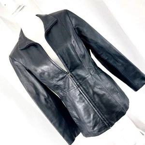 NEW YORK & CO.! EDLE SCHWARZE ECHTLEDER REISSVERSCHLUSS VORNE, SCHLAGJACKE, MANTEL! Gr. M - Bild 1 von 12