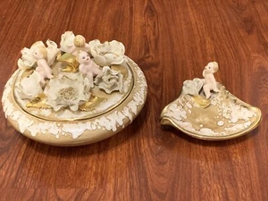 Antique Gold And White Porcelain Cherub Bowl w Lid And Ash Tray. Flowers. Fancy! - Picture 1 of 9