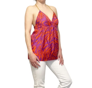 MILLY 100% Silk Red/Purple Print Chain Strap Halter Top Sz 2 $295 - Picture 1 of 9