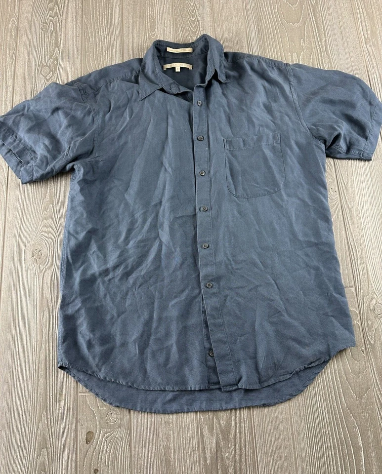 Perry Ellis 100% Silk Shirt Men's Size Medium Button Up Striped Short Sleeve  - Image 1 of 4