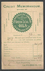 1894 Cleveland Oh The Phoenix Oil Co Credit Memo In Green & Black On UX10 - Picture 1 of 1