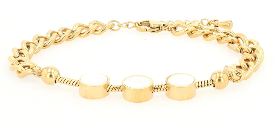 Armband aus Edelstahl gold Panzerkettenarmband mit Perlmutt Anhänger weiß modern - Bild 1 von 1