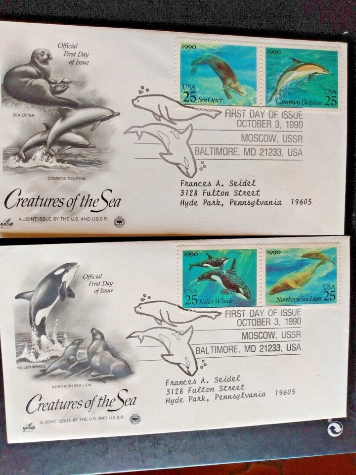 CREATURES OF THE SEA KILLER WHALE OTTER DOLPHIN SEA LION 2 1990 PCS CACHET FDCS - Image 1 of 1