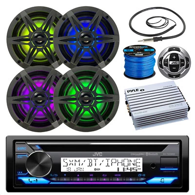 JVC Marine CD Radio, Remote, 4x 6.5" LED Speakers w/Grilles, Amp, Antenna, Wire - Image 1 of 4