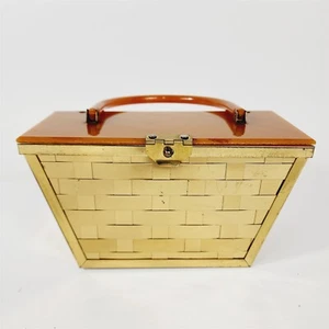 Bolso de mano vintage con asa superior de baquelita con canasta tejida de metal dorado - Imagen 1 de 12