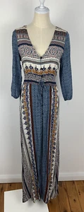 BOHO Indian Hippie Geometric Long Sleeve Maxi High Split Button Up Dress Sz M - Foto 1 di 11