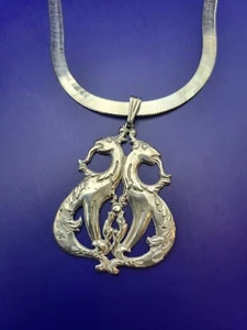 Sterling Silver ITALY 5mm Etched Herringbone Chain Necklace W Dragon Pendant 30g - Picture 1 of 9