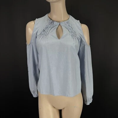 ZARABlue Cold Shoulder Blouse Keyhole Front Long Sleeve Top M - image 1 of 4