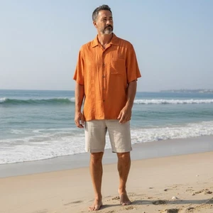 Tommy Bahama orangefarbenes Seidenhemd mit Knopfleiste Palme Aloha Freizeit Größe Large - Bild 1 von 8