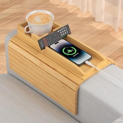 Sofa Armrest Tray, Couch Arm Tray with Detachable Couch Cup Holder-B Bamboo - Image 1 of 4