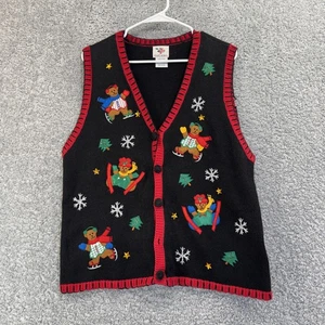 NutCracker Sweater Vest Womens Large Christmas Bears Embroidered Button Front - Picture 1 of 10