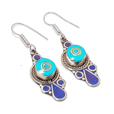 Türkis Lapislazuli Edelstein Ohrringe Tibetische Handarbeit Schmuck 2,3" NE 5446 - Bild 1 von 4