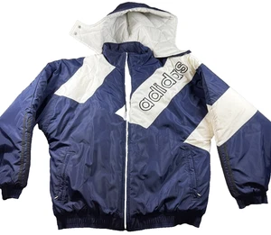 Vtg Adidas Navy & White Hooded Puffer Jacket XL Quilted Lining Retro - Picture 1 of 8