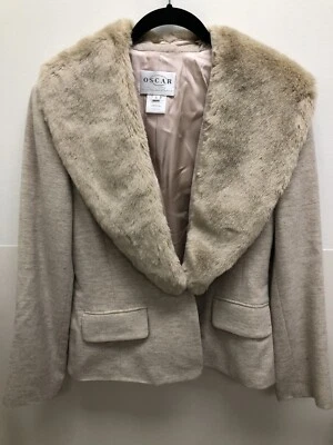 OSCAR De La Renta Beige Wool Jacket Removable Faux Fur Collar Size 8 - Image 1 of 4