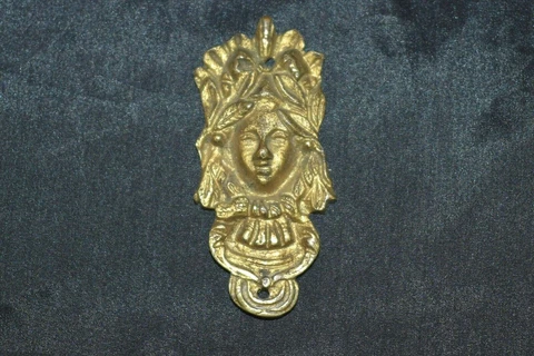 Antique Victorian WOMAN Ornate Brass? Decorative Plaque Hardware Marked R Cover