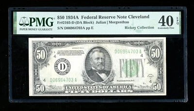 DBR 1934-A $50 FRN Cleveland Fr. 2103-D PMG XF-40 EPQ Serial D06964703A - Image 1 of 2