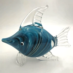 Murano Glass Fish Large Hand Blown Glass Blue with SWIRL STRIPES Applied Eyes - Picture 1 of 6