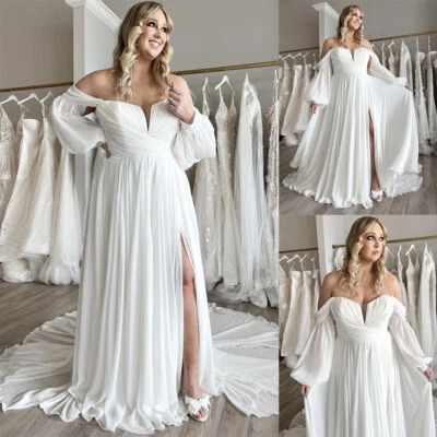 Chiffon Wedding Dress Off Shoulder Side Split Long Sleeves Bridal Gown Plus Size - Image 1 of 4