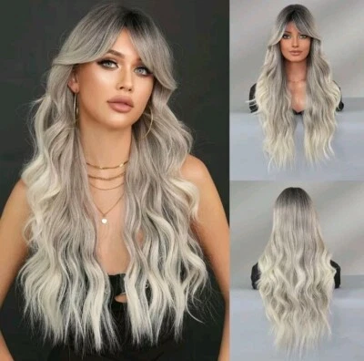 Balayage Wig - Human Hair Blend Platinum  Blonde Silver Black Rainbow Multicolor - Image 1 of 4