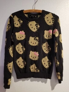SANRIO HELLO KITTY Girls Head Black & Gold Knitted Pullover Sweater XL - Picture 1 of 10