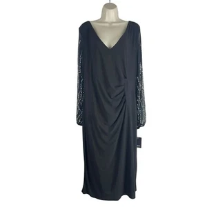 NUEVO Vestido de Cóctel Marina Manga Larga Cuentas Laterales Acanalado Negro Mujer Talla 1X - Imagen 1 de 10