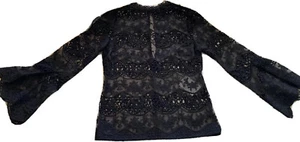 LIPSY Black Lace Mesh Top UK 6 XS Frilled Ruffle Crochet Wide Sleeve Keyhole Bac - Picture 1 of 12