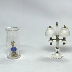 Lot Dollhouse Double Light Student Lamp Gold Tone White Shade & Hurricane Candle - Picture 1 of 6