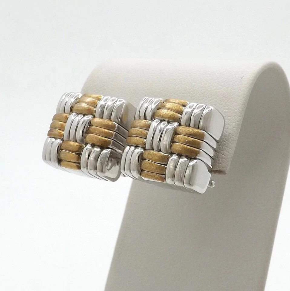 Solid 18k Gold Basket Weave Square Earrings Omega Clip 750 Italy Two Tone New - Image 1 of 4