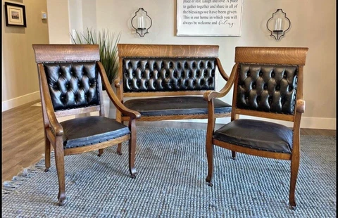 Antique Black Leather & Oak Tufted 3 Piece Parlor Set￼ Settee Chairs Empire Old Cover
