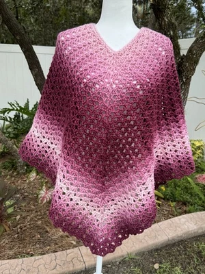 New Handmade Crochet Poncho Burgundy Wine Pink Ombre Gradient Knit Wrap Sweater - Image 1 of 4