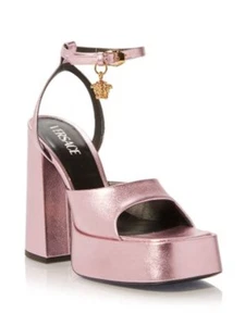 VERSACE Womens Pink 1-1/2" Platform Toe Block Heel Leather Heeled Sandal 36.5 - Picture 1 of 6