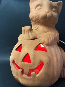 Vintage CAT PUMPKIN JACK O LANTERN Luminary Light Terracotta Ceramic Halloween - Picture 1 of 12