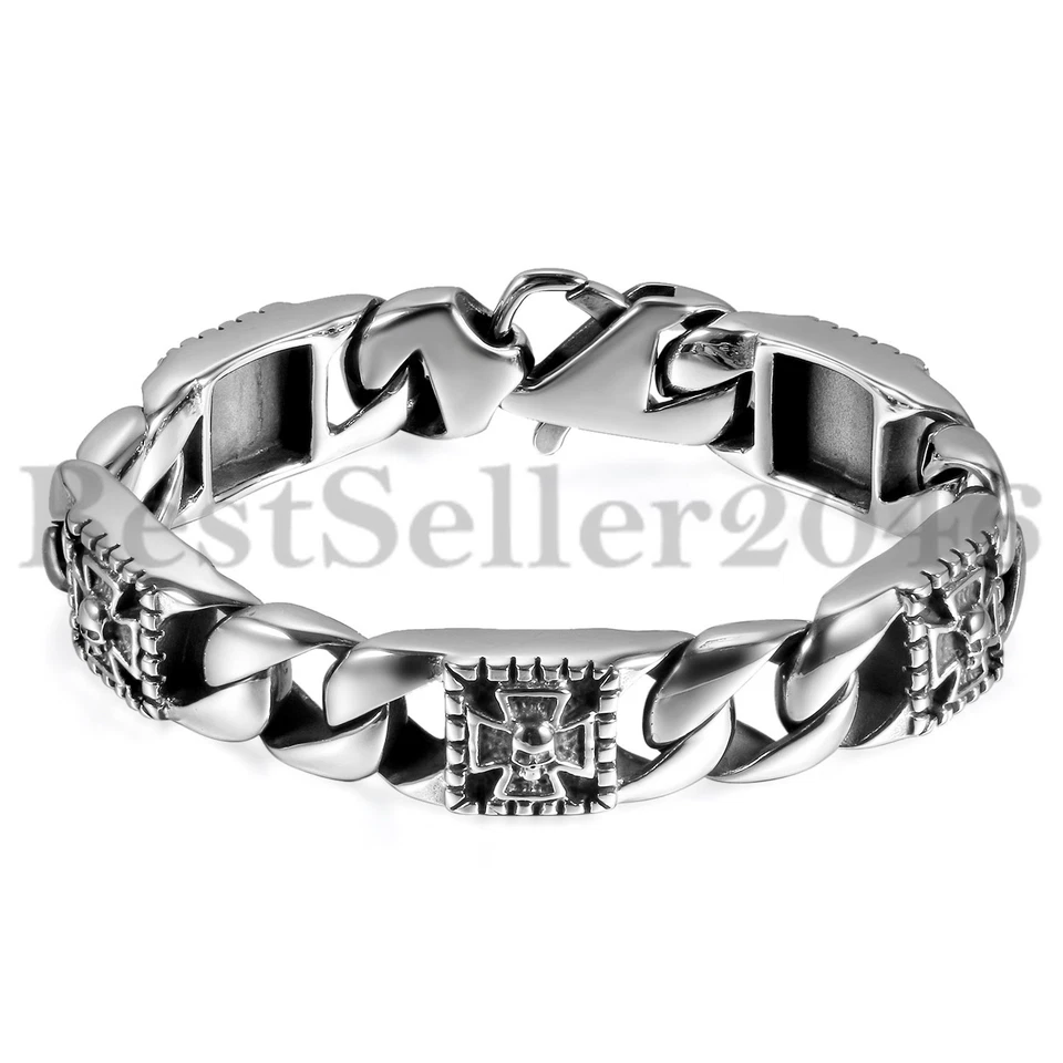 Brazalete cruzado calavera cadena bordillo cubano pesado para hombre brazalete de motociclista de acero inoxidable 8,7" Foto 1 de 4