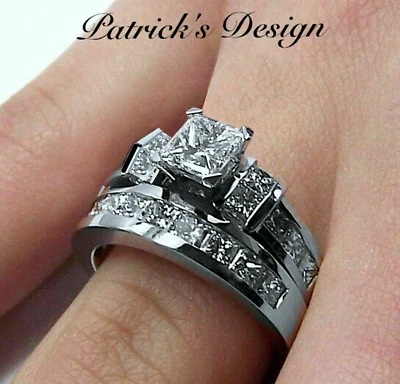 3.00CT (G-COLOR) PRINCESS DIAMOND ENGAGEMENT RING BRIDAL SET 14K WHITE GOLD PD3G - Image 1 of 4