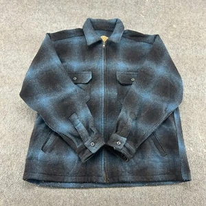 VINTAGE Woolrich Jacket Mens L Blue Black Full Zip Shirt Mackinaw Shadow Plaid - Picture 1 of 12