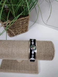 Alpaca Mexico Inlaid Abalone Flower Black and Silver Design Cuff Bracelet NICE! - Picture 1 of 9