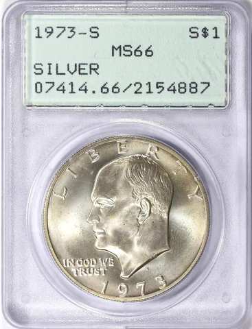1973-S PCGS MS66 Rattler Ike Eisenhower Silver Dollar GEM BU Lustrous OGH Cover