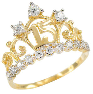 14k Yellow Gold Quinceañera 15 Anos Conora CZ Crown Ring