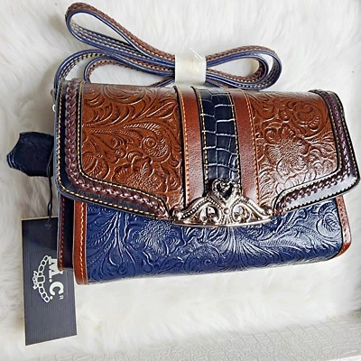 Bolso Bandolera MC Marc Chantal Cuero Tooled Azul Marino y Marrón Foto 1 de 4