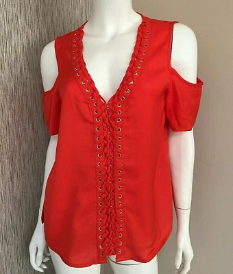 BIBA TROPICAL ORANGE EYELET COLD SHOULDER BLOUSE SIZE 10 BNWT - Image 1 of 4