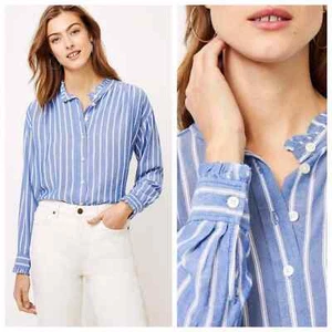 Ann Taylor LOFT Striped Ruffle Trim Long Sleeve Button Down Shirt M - Picture 1 of 4