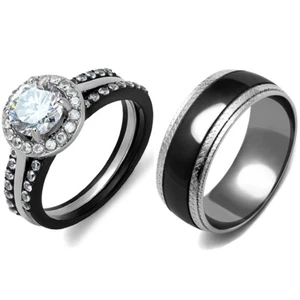 4 PCS Couple Rings Women Stainless Steel CZ Wedding Ring Set Mens Matching Band - Picture 1 of 9