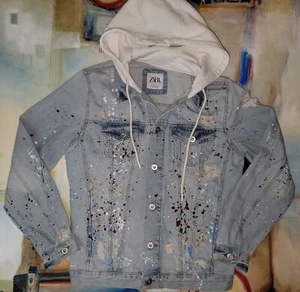 Zara Graffiti Painted Print Distressed Mens M Denim Jacket Hooded New SHIPS FAST - Picture 1 of 15