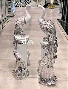 Italian White Silver Peacock Pair Stand Romany Diamante Gift Shelf Sitter New