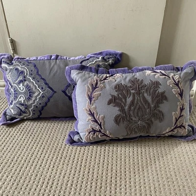 Pair of OSPREY London Cushions Embroidered Velvet Country House Grey Purple - Image 1 of 4